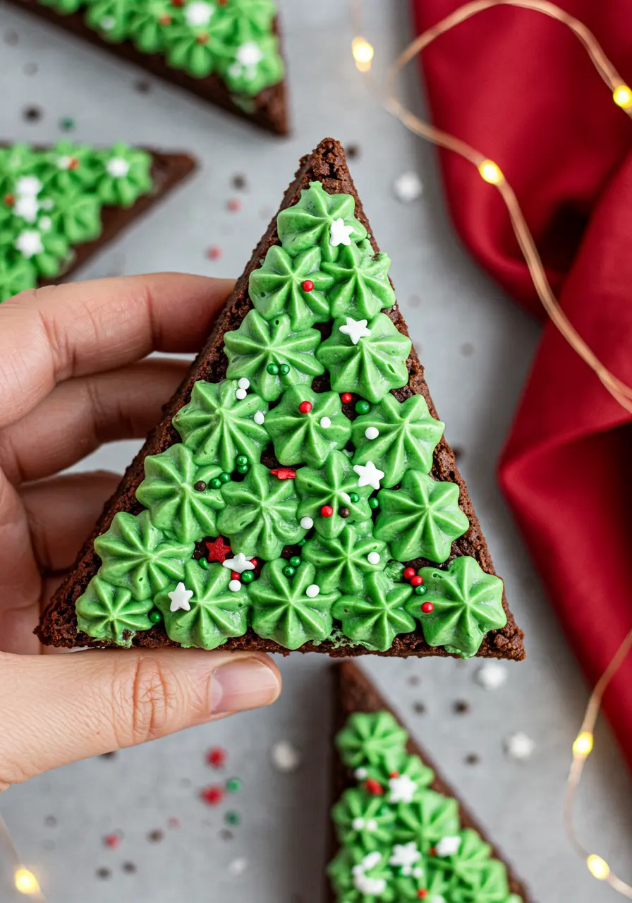 A hand holding a Christmas tree brownie.