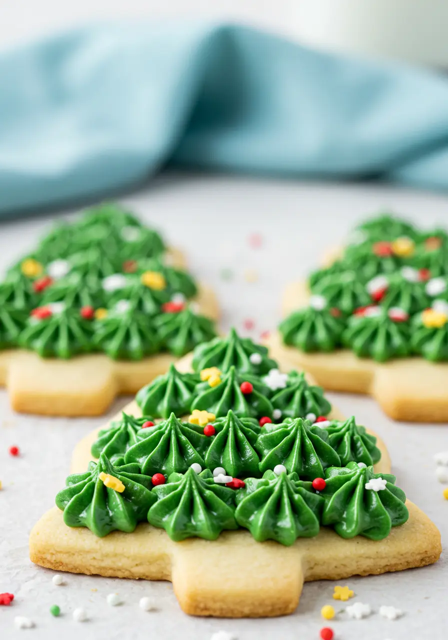 Three Christmas tree cookies on a white surface and a light blue napkin nearby.