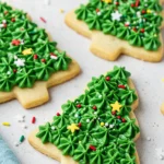 Christmas tree cookies on a white surface.