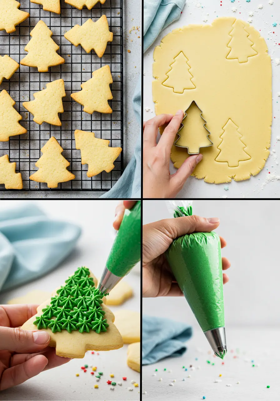 The steps of making  Christmas tree cookies.