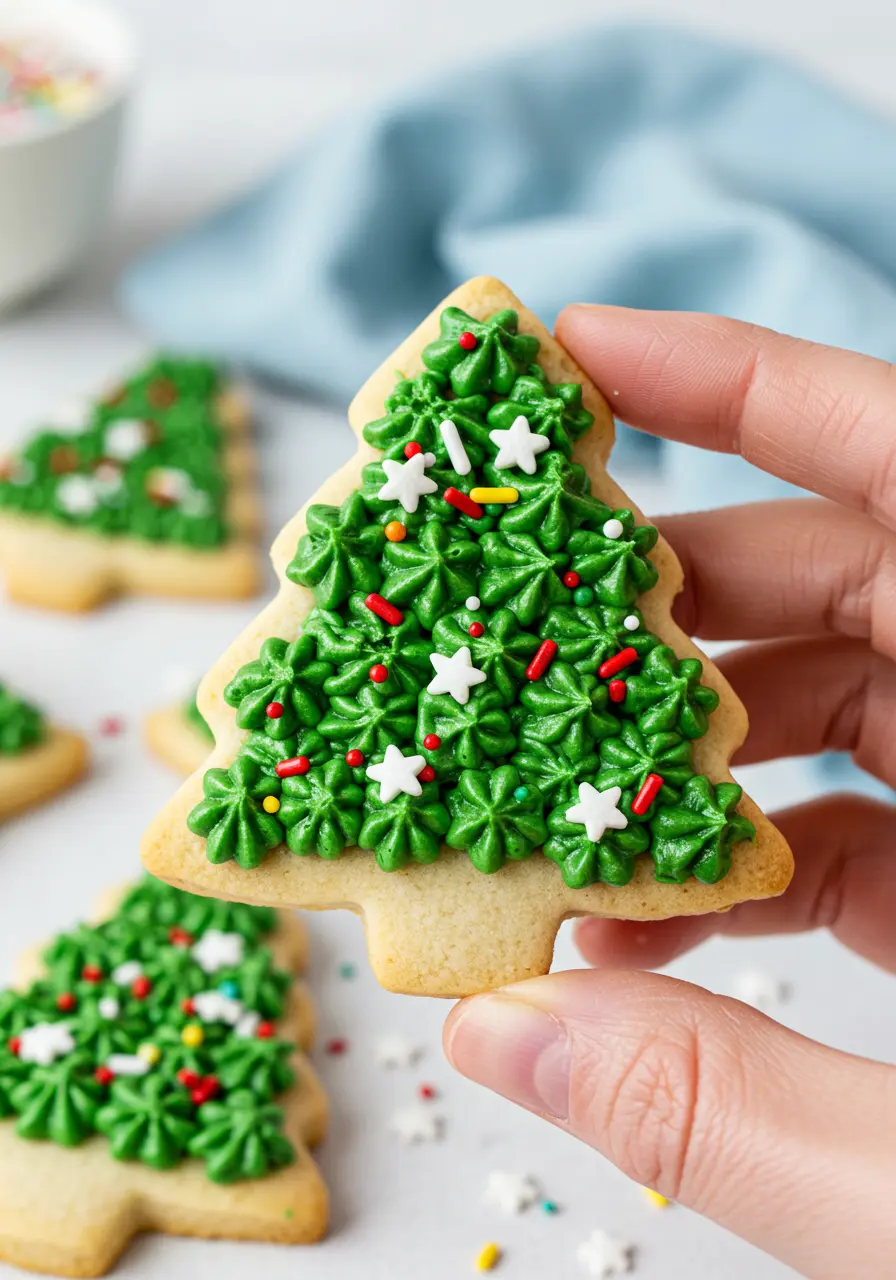 A hand holding a Christmas tree cookie.