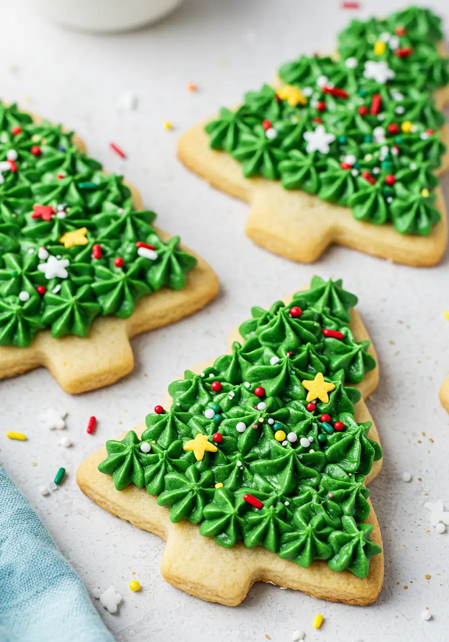 Christmas tree cookies on a white surface.