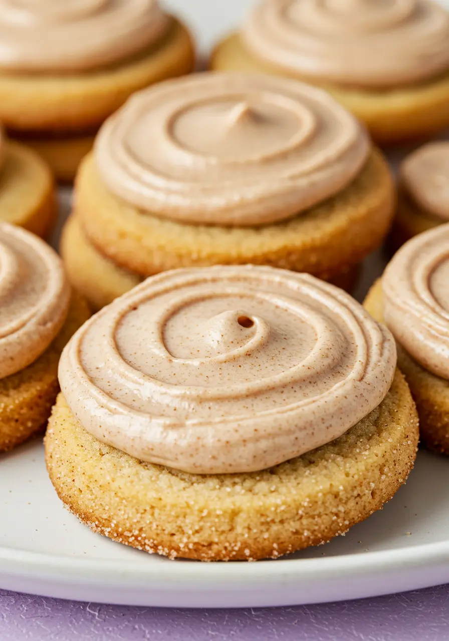 Churro cookies placed on a white plate against a light purple surface.