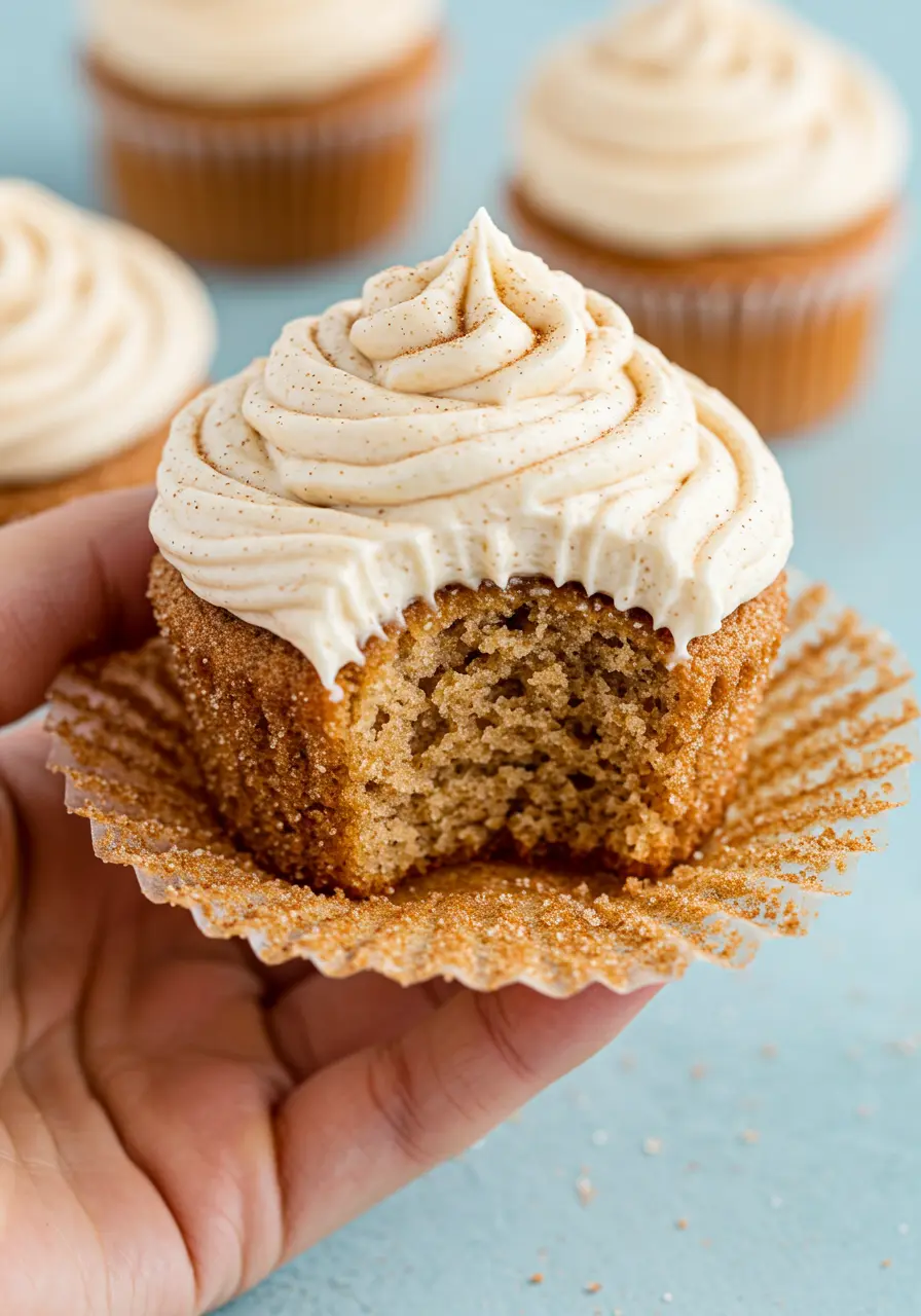 A hand holding churro cupcake with a bite taken out of it.