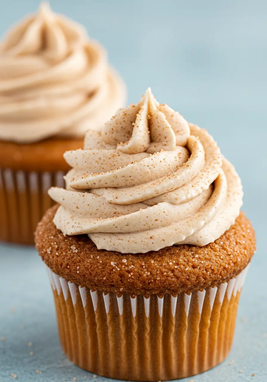 Two churro cupcakes placed on a light blue surface.