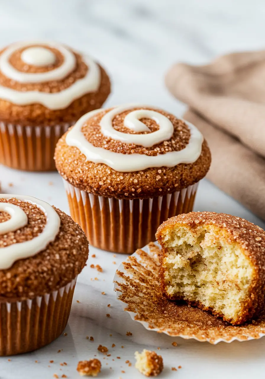 Cinnamon roll muffins on a marble surface and a brown napkin nearby.