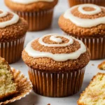 Cinnamon roll muffins on a white marble surface.