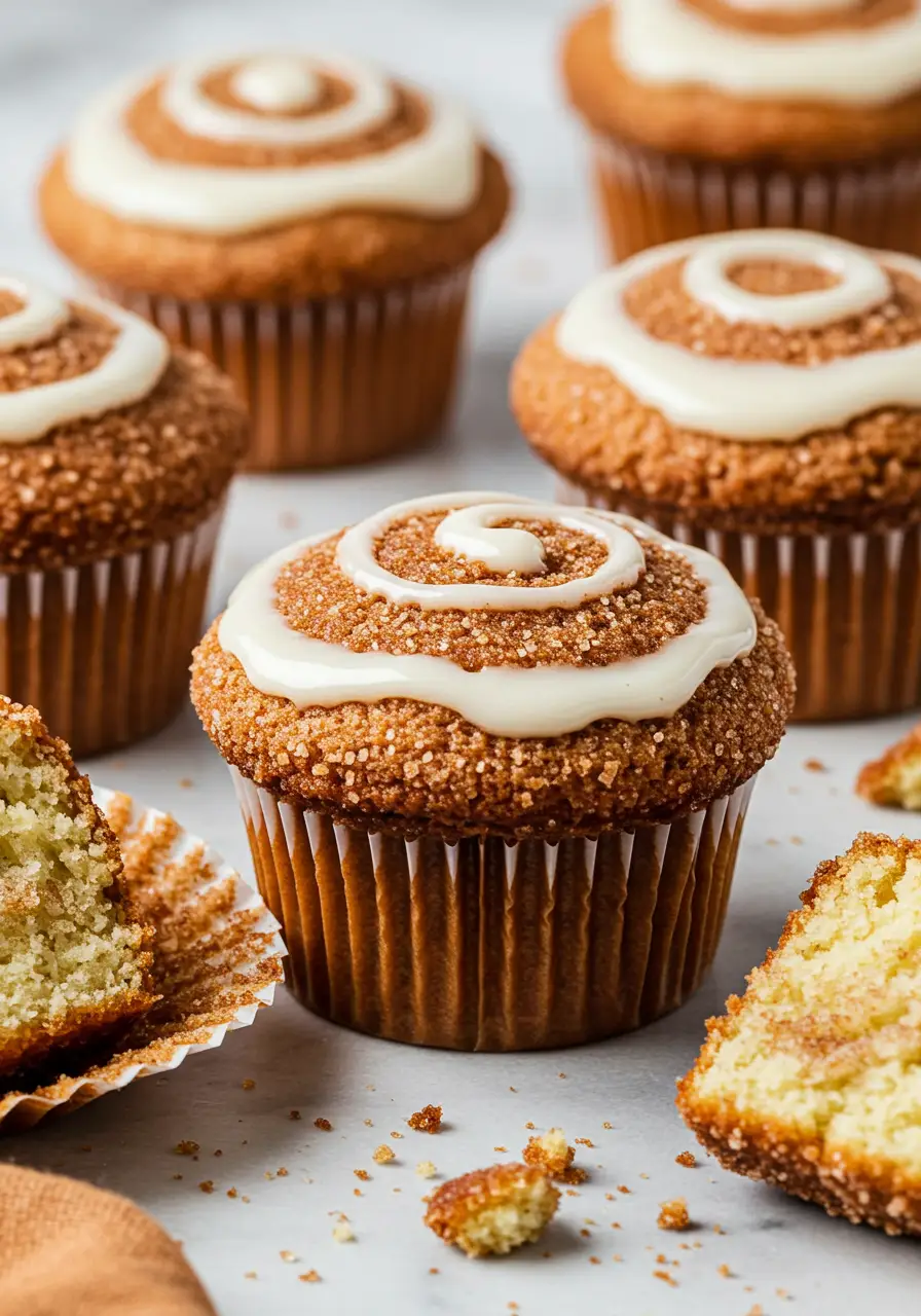Cinnamon roll muffins on a white marble surface.