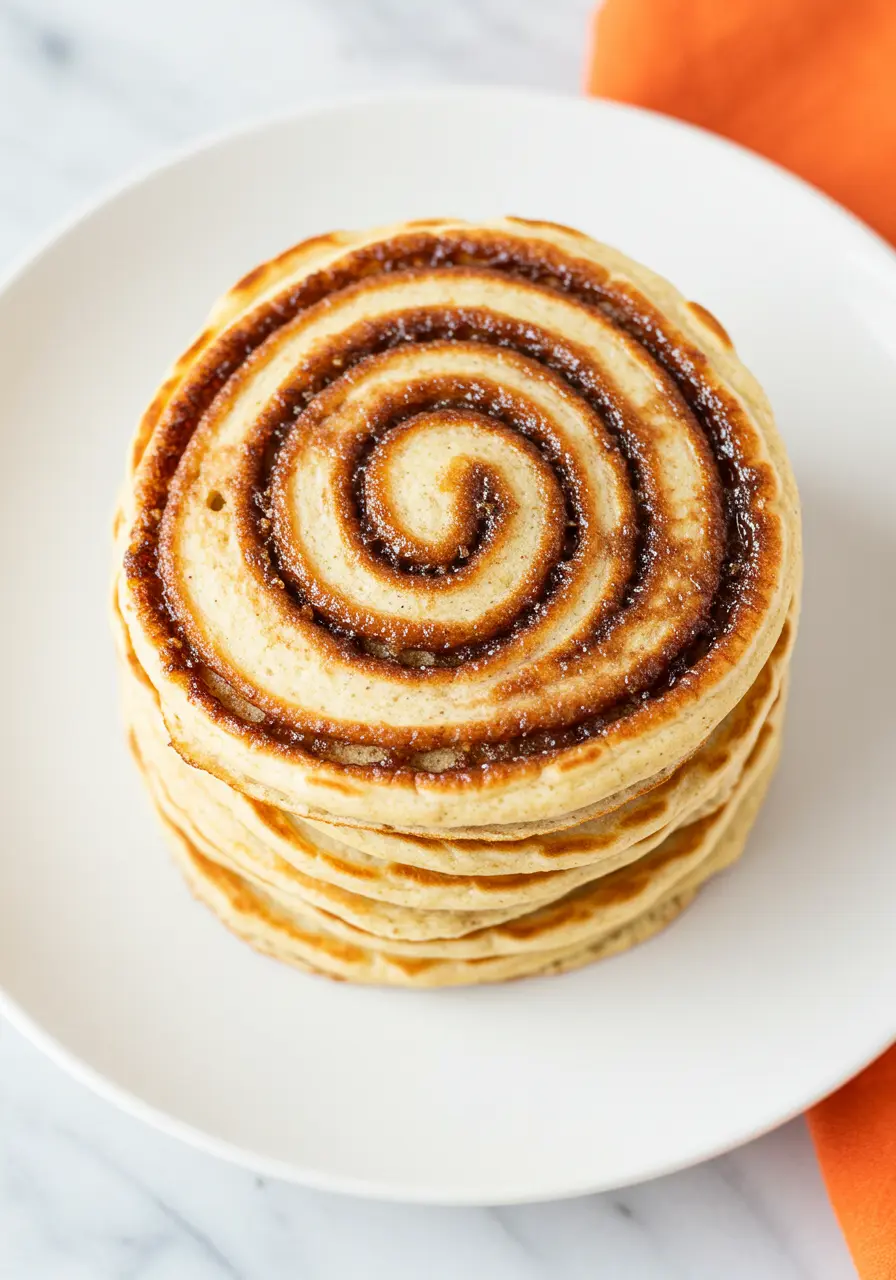 A stack of cinnamon roll pancakes on a white plate.