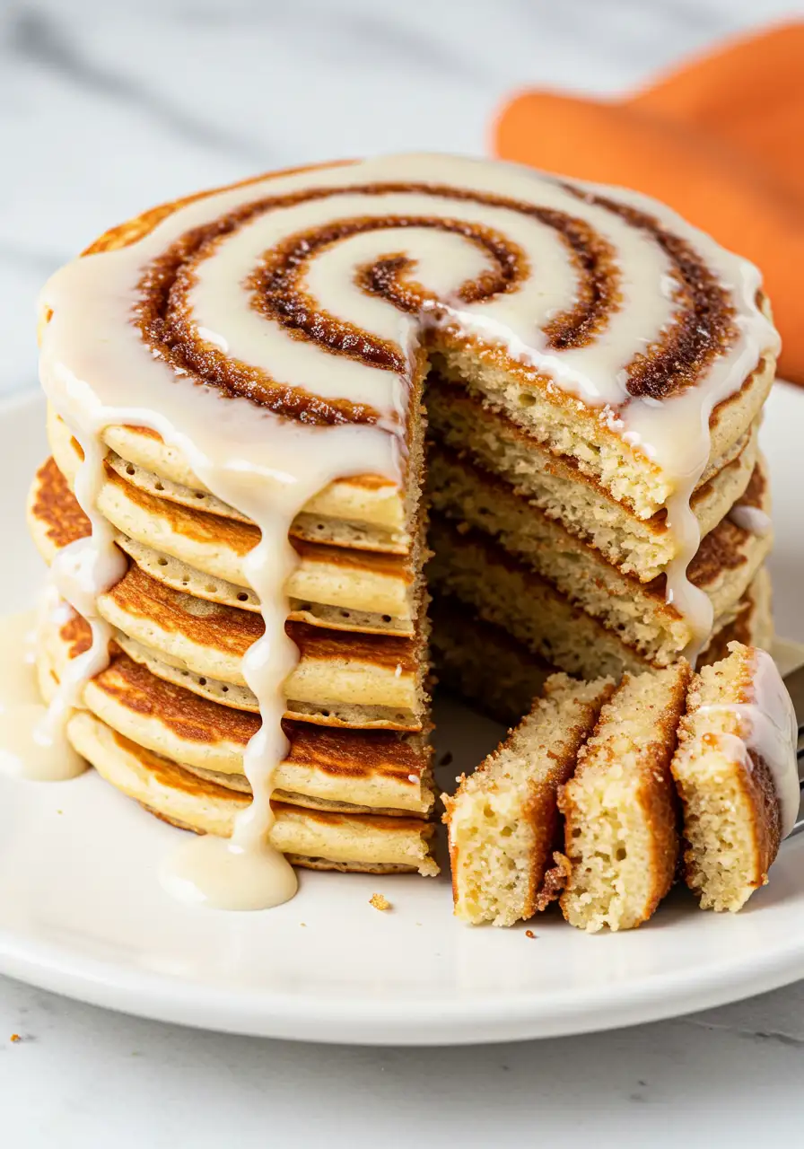 Cinnamon roll pancakes on a white plate, topped with a cream cheese glaze and have a serving missing.