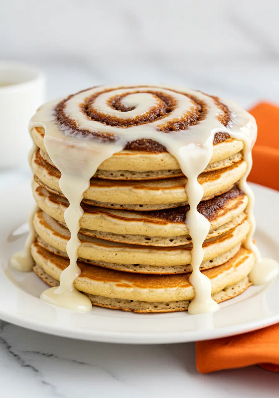 A stack of cinnamon roll pancakes on a white plate and topped with a cream cheese glaze.