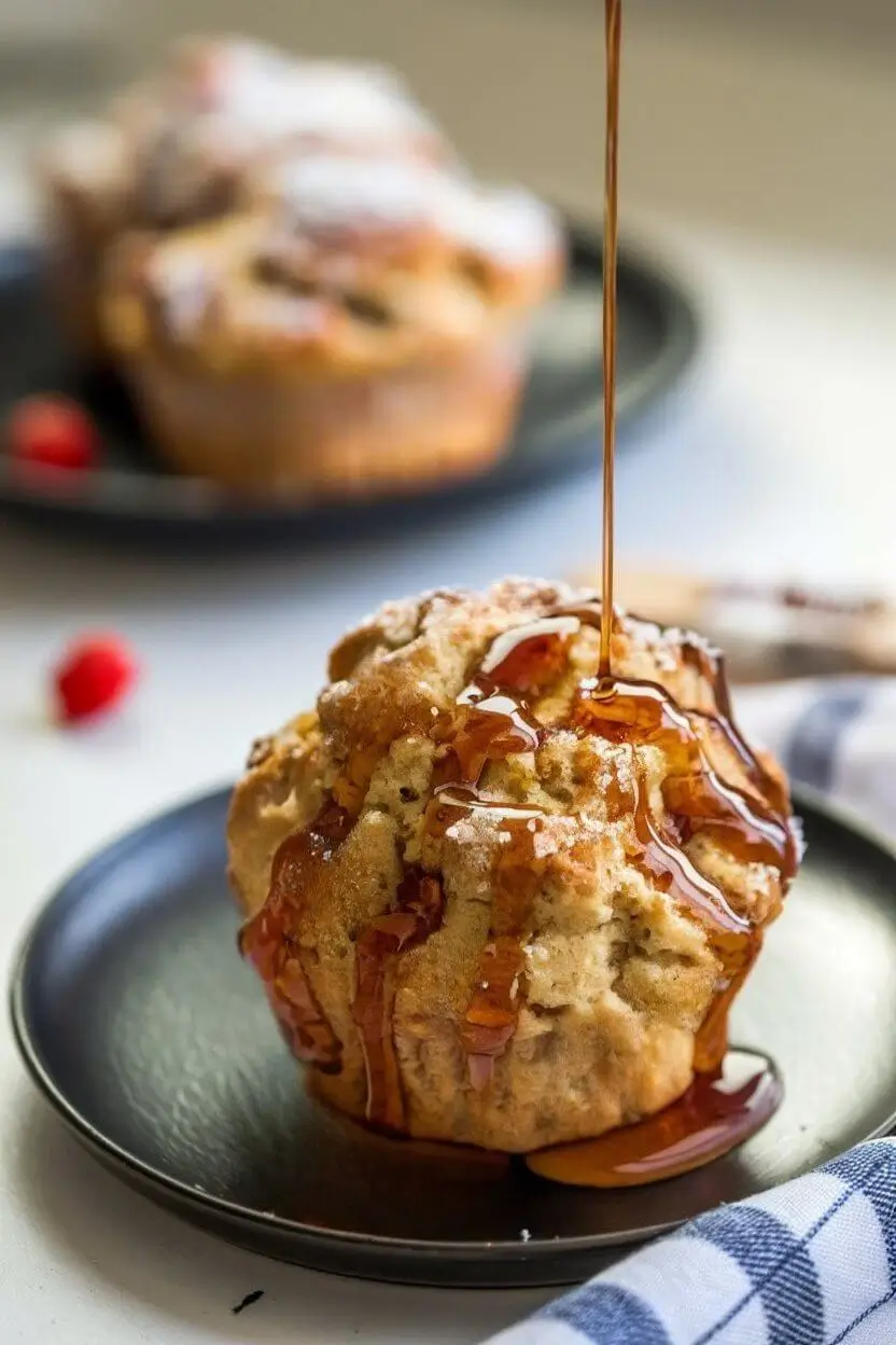 One muffin on a black plate drizzled with maple syrup.