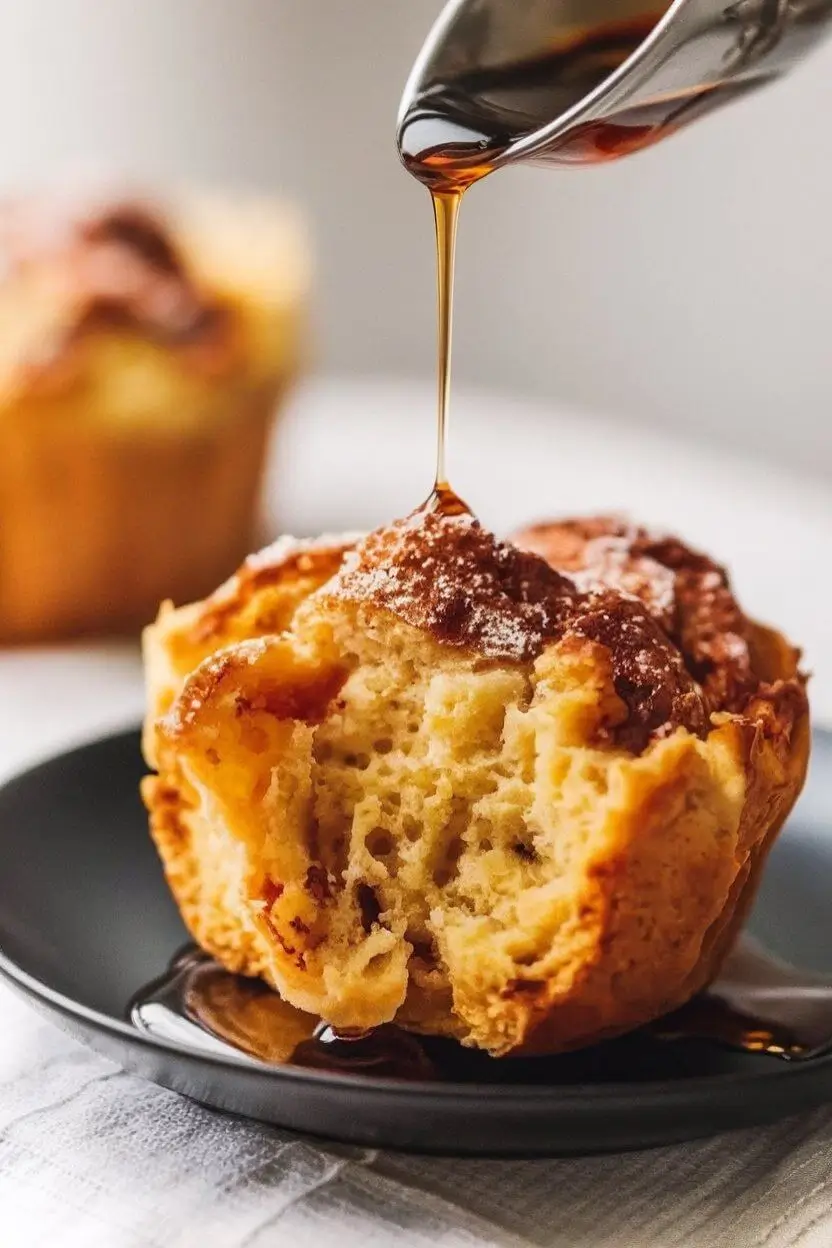 French Toast Muffin with maple syrup drizzled on top.