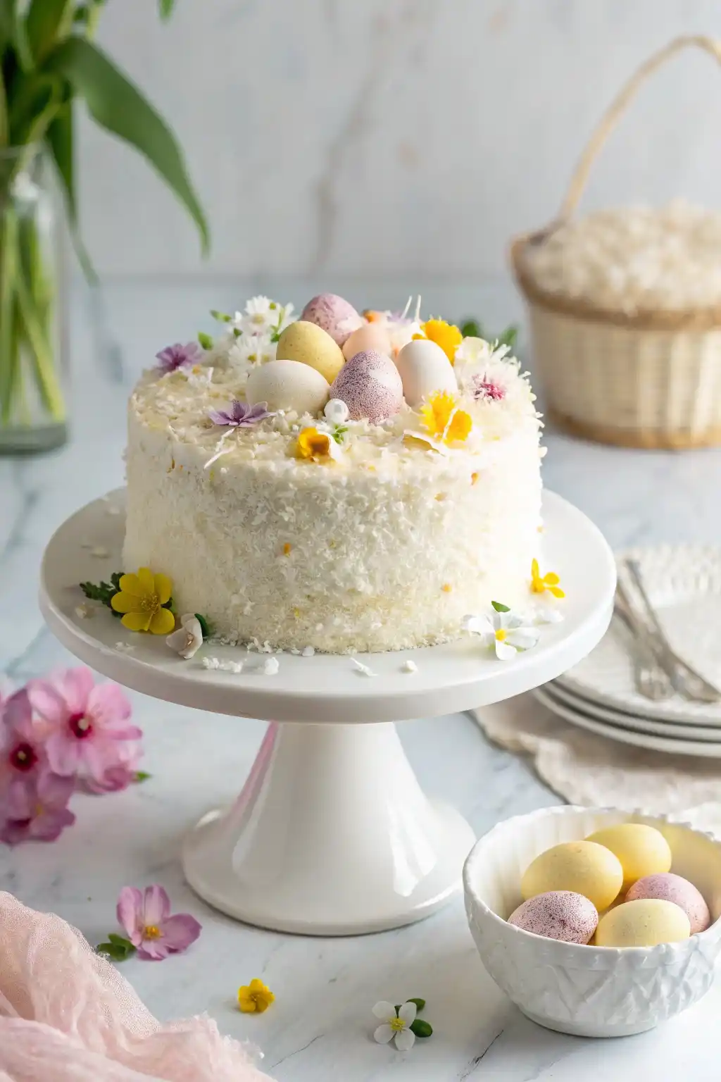 Coconut Cream Easter Cake topped with edible flowers and mini candy eggs.