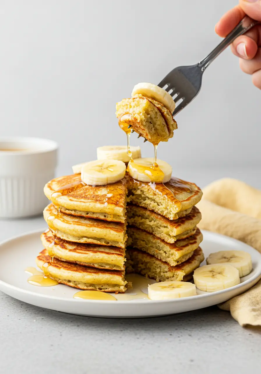 Coconut flour pancakes with a fork taking a bite.