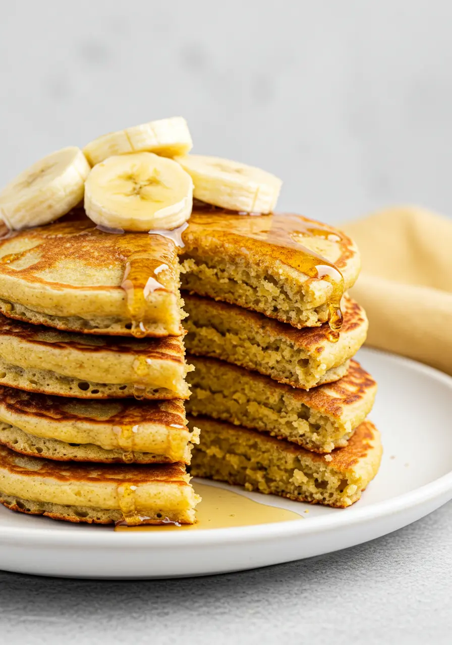 Coconut flour pancakes on a white plate with a big serving missing.