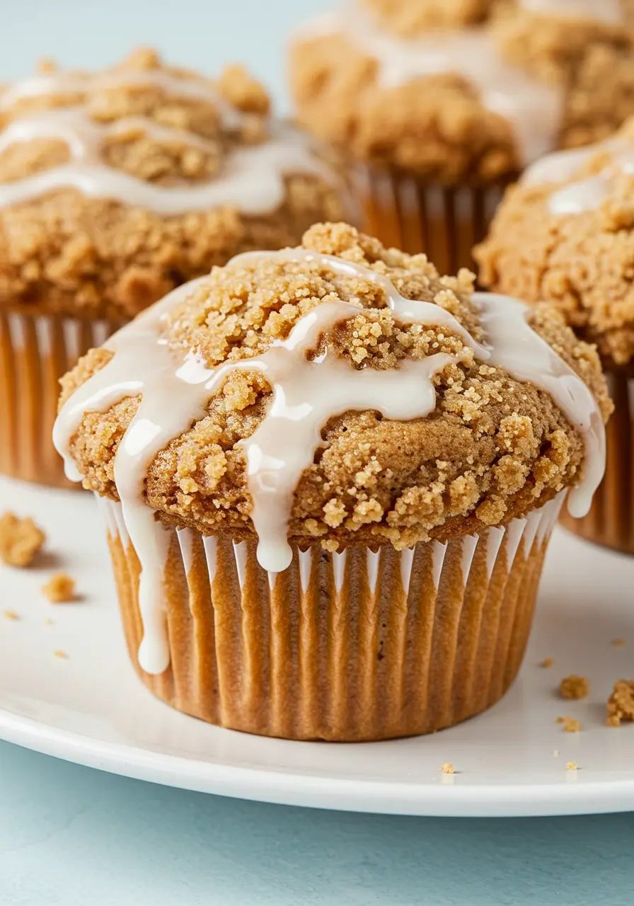 Coffee cake muffins on a white plate against a white marble surface.