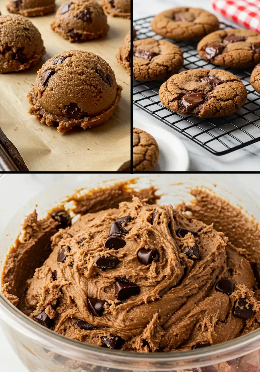 Coffee cookie dough in a glass bowl and shaped into balls and then baked.