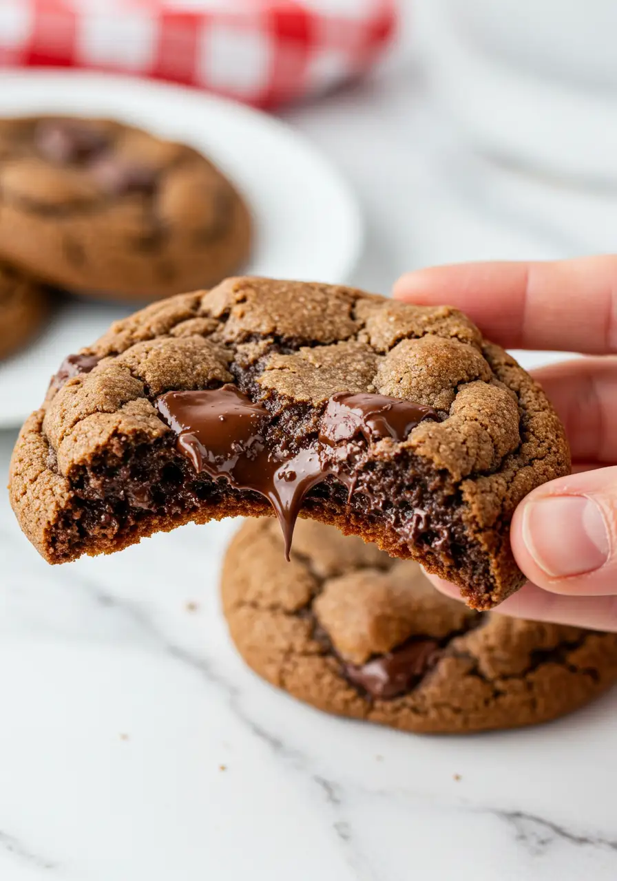 A hand holding a coffee cookie with a bite taken out of it.