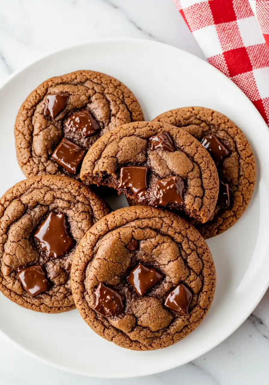 Coffee cookies are placed on a white plate and a checkered napkin next to it.