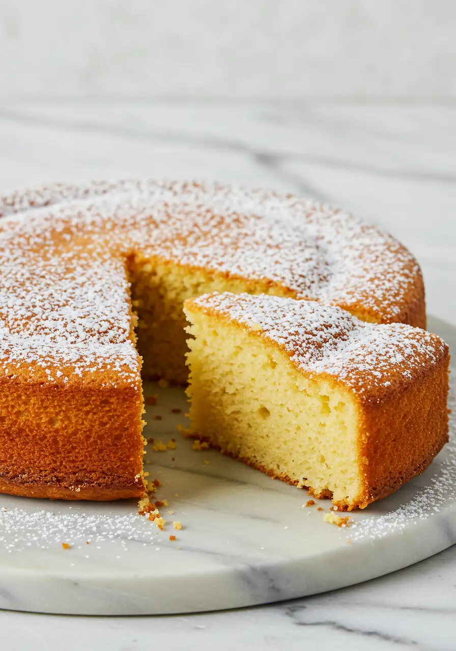 Condensed milk cake placed on a white marble plate with a slice missing.