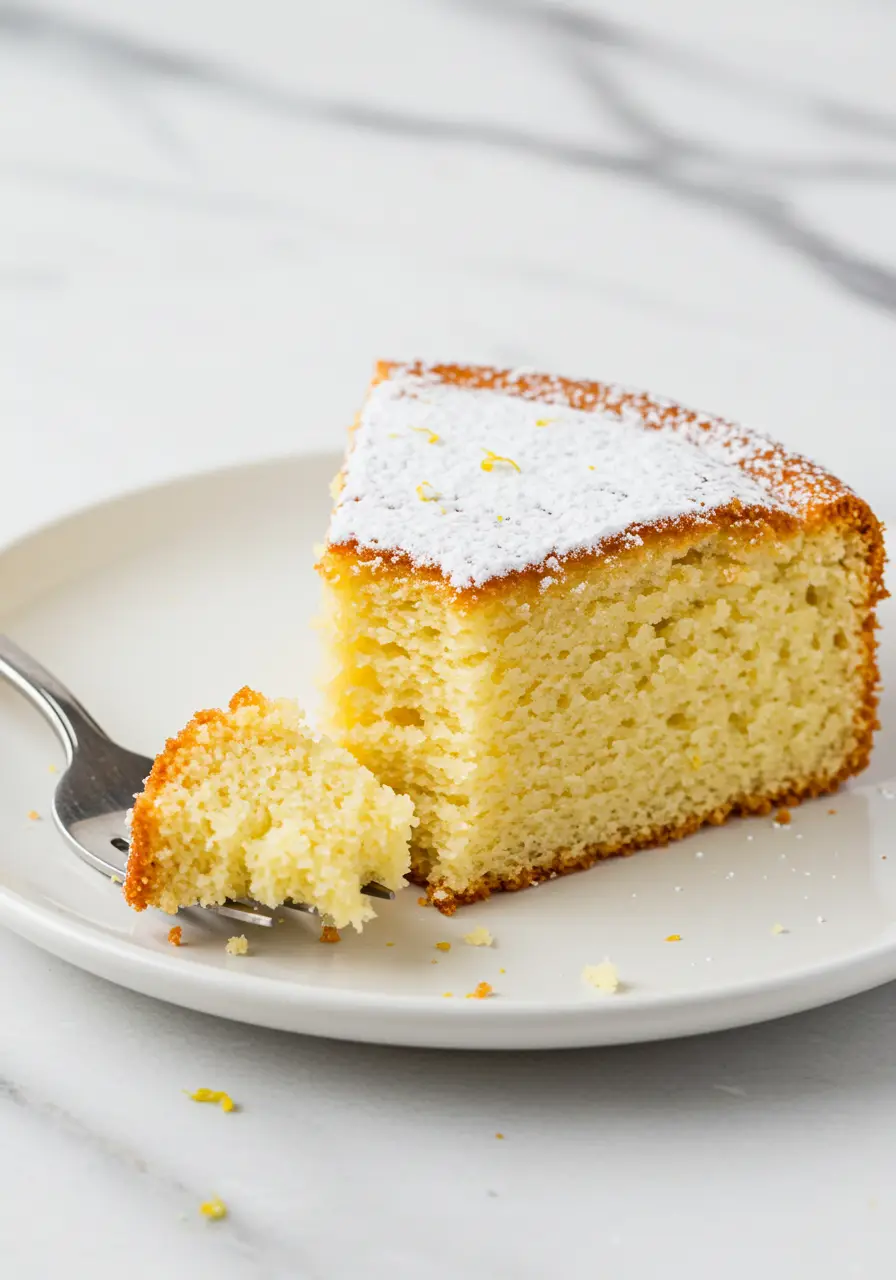 A slice of condensed milk cake is placed on a white plate.