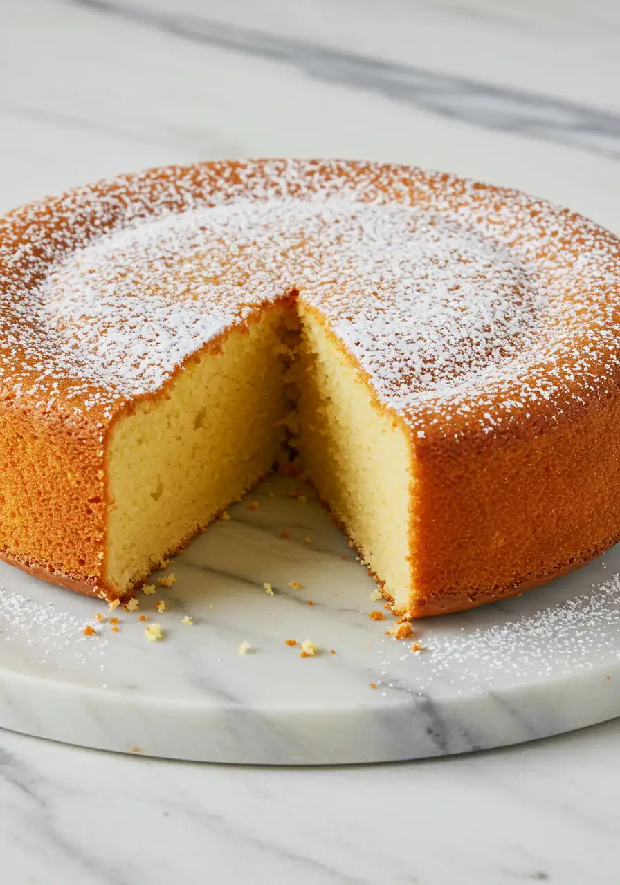 Condensed milk cake placed on a white marble plate with a slice missing.
