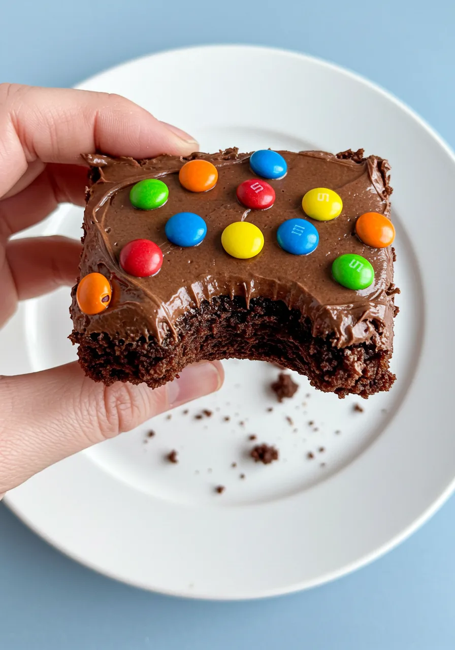 A hand holding single cosmic Brownie with a bite taken out of it.