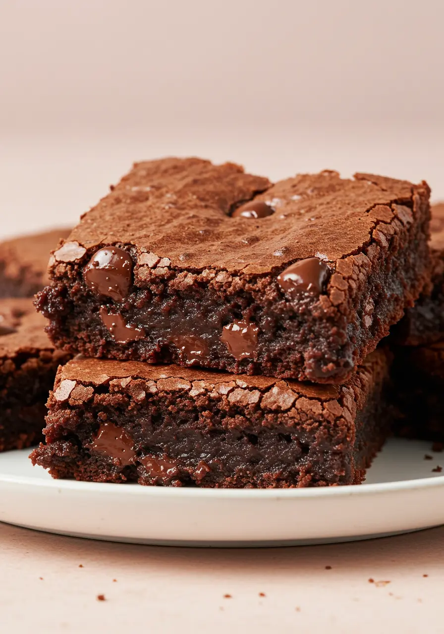Cottage Cheese Brownies on a white plate against light pink surface.