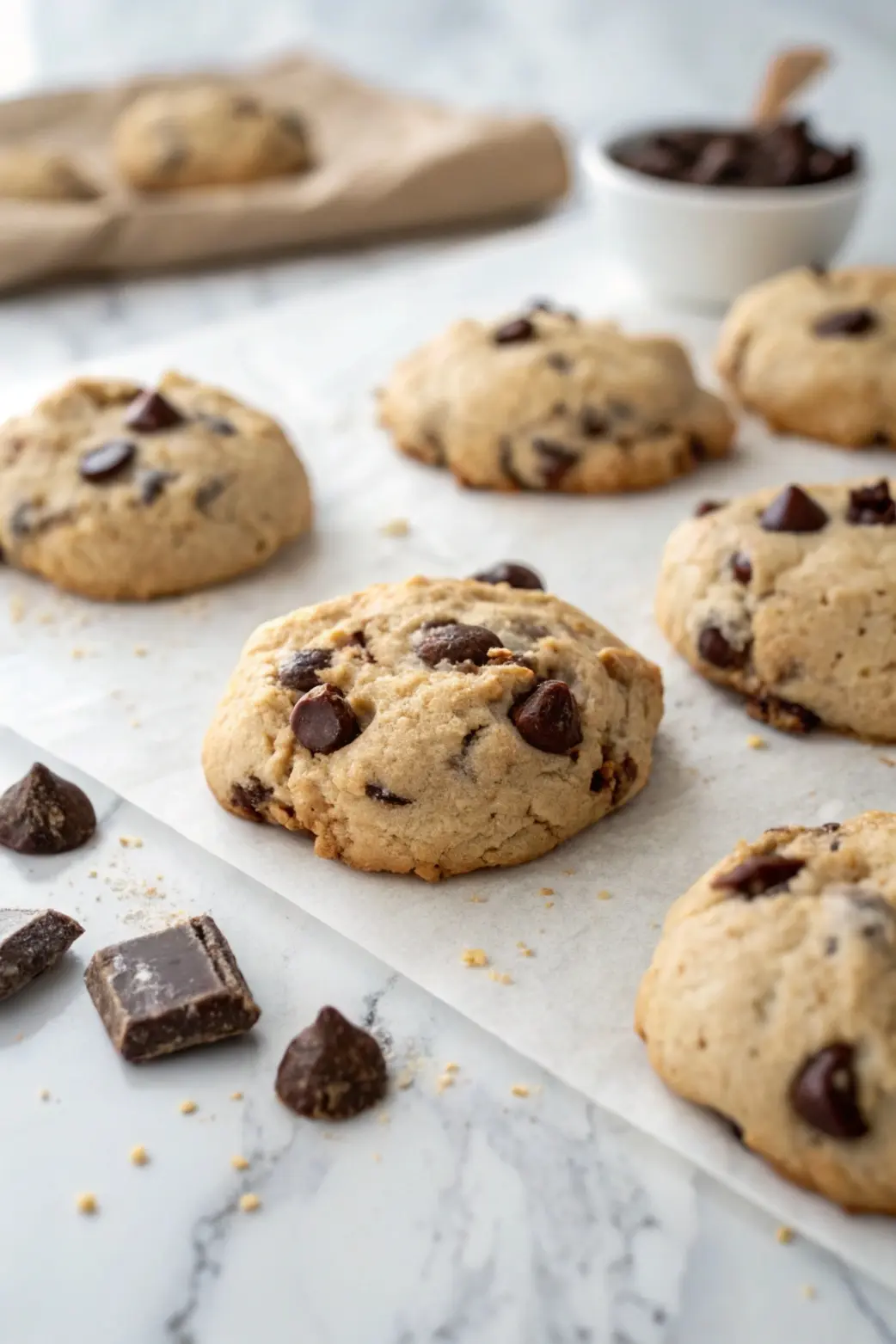Cottage Cheese Chocolate Chip Cookies placed on a parchment paper.