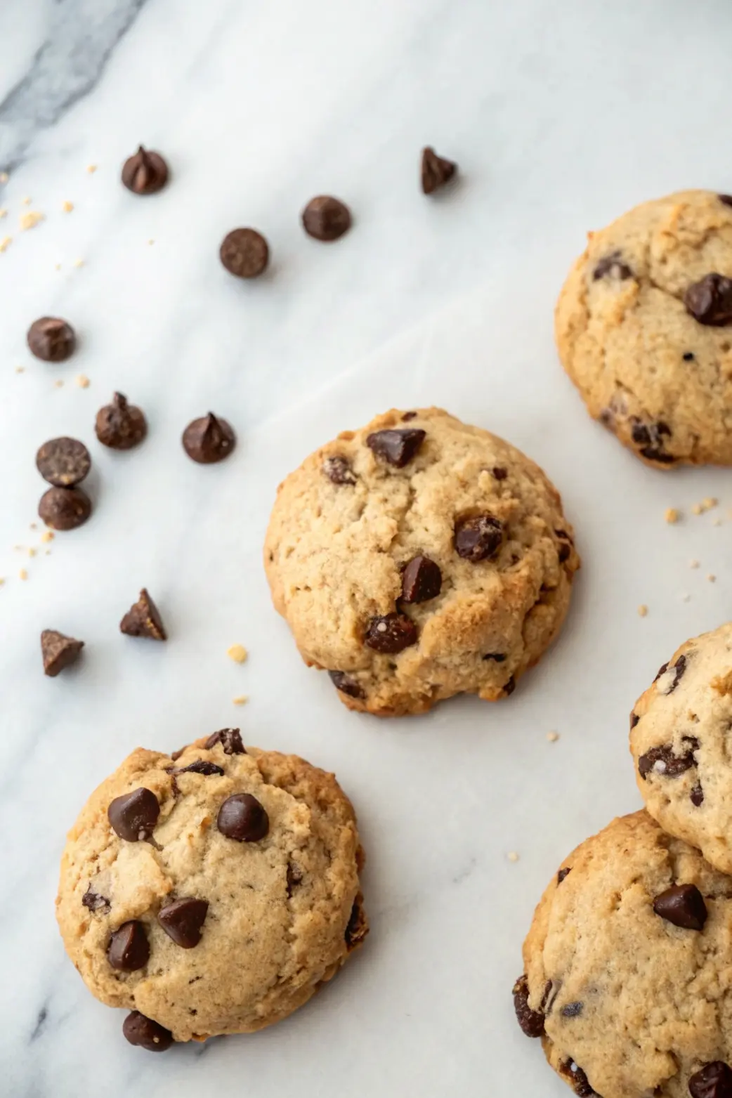 A couple of Cottage Cheese Chocolate Chip Cookies placed on a white marble surface.