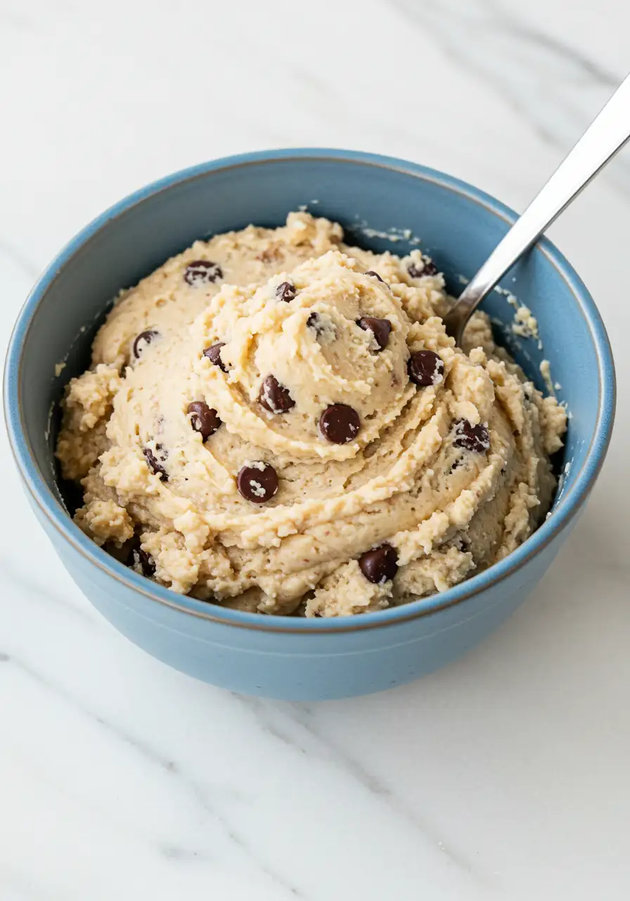 Cottage cheese cookie dough in a blue ceramic bowl against a white marble surface.