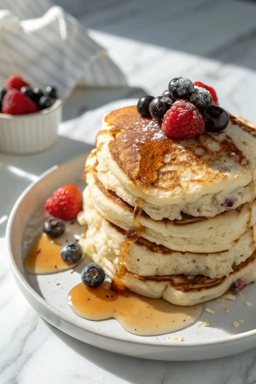 Cottage Cheese Pancakes on a white plate drizzled with honey and topped with fresh berries.