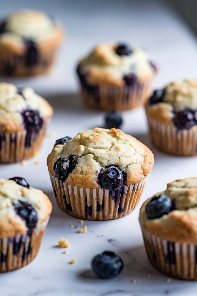 Cottage cheese blueberry muffins on a white marble surface.