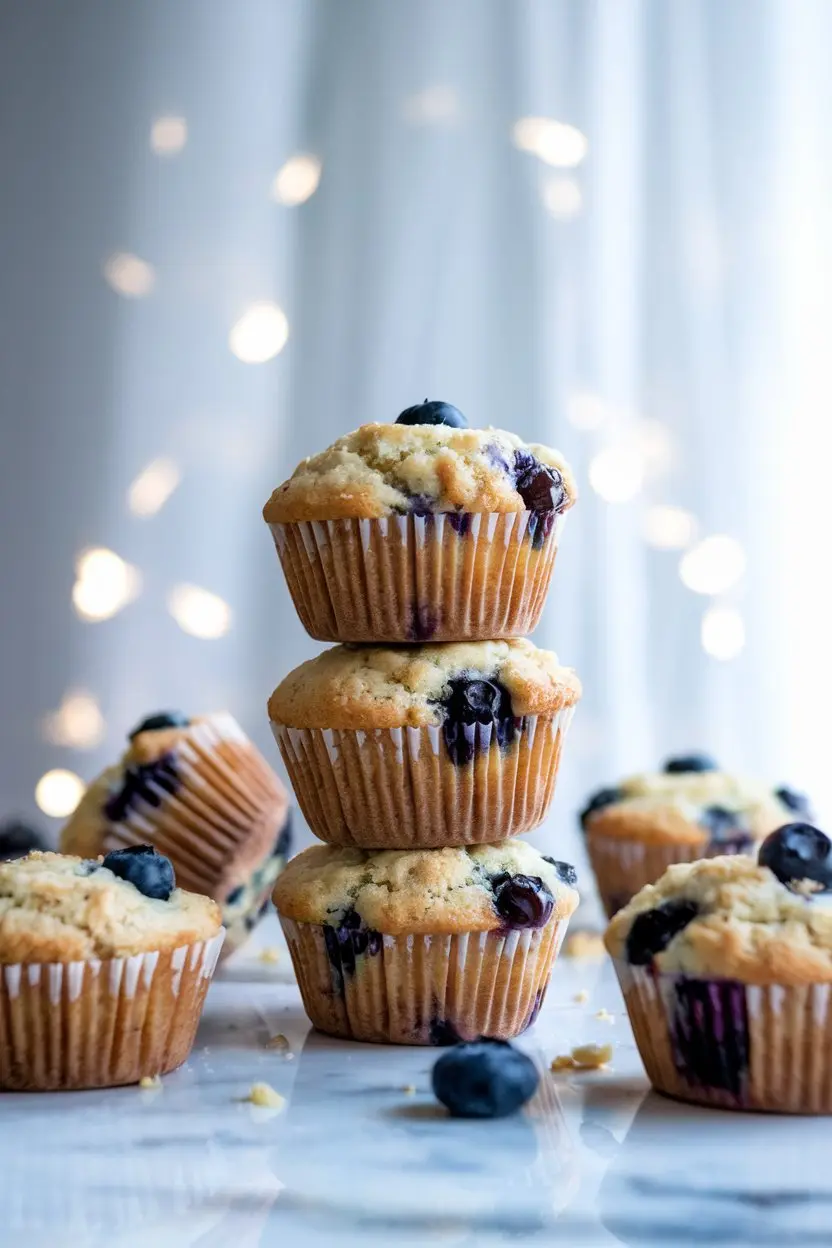 Stack of cottage cheese blueberry muffins on a white marble surface.
