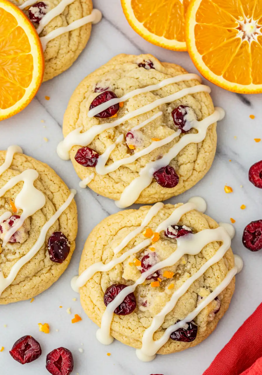 Cranberry orange cookies on a marble surface and drizzled with orange glaze.