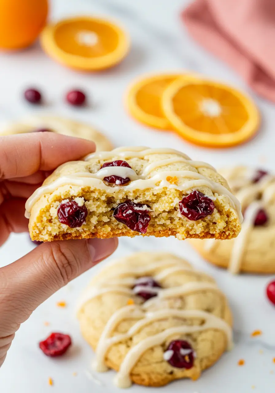 A hand holding a cranberry orange cookie with a bite missing.