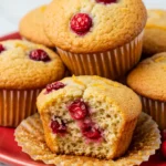 Cranberry orange muffins on a red plate with one muffin has a bite taken out of it.
