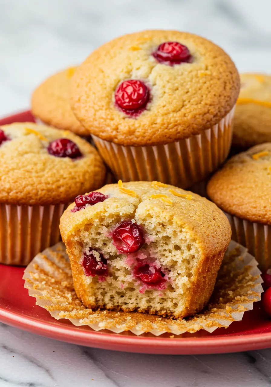 Cranberry orange muffins on a red plate with one muffin has a bite taken out of it.