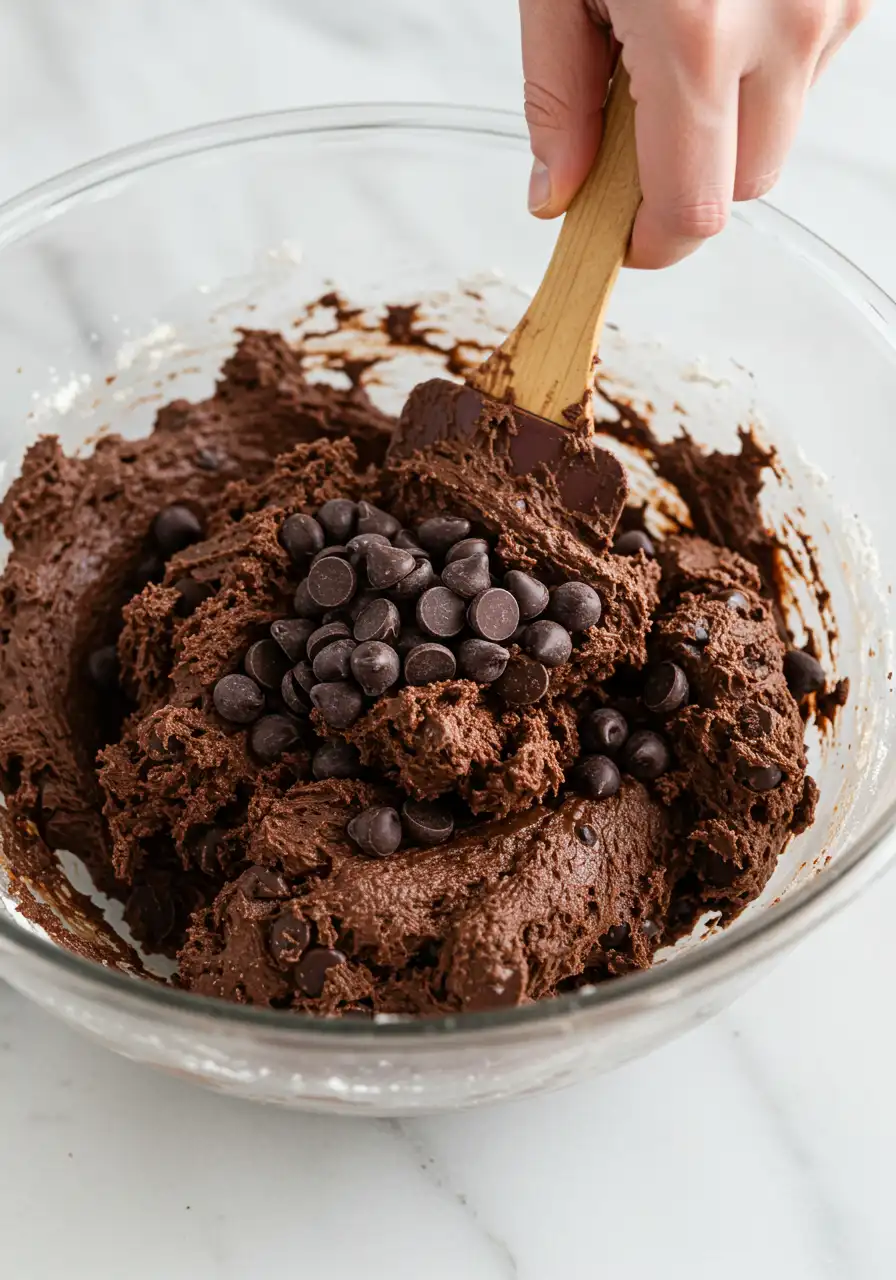 A hand holds a spatula and folds the chocolate chips into the dough.