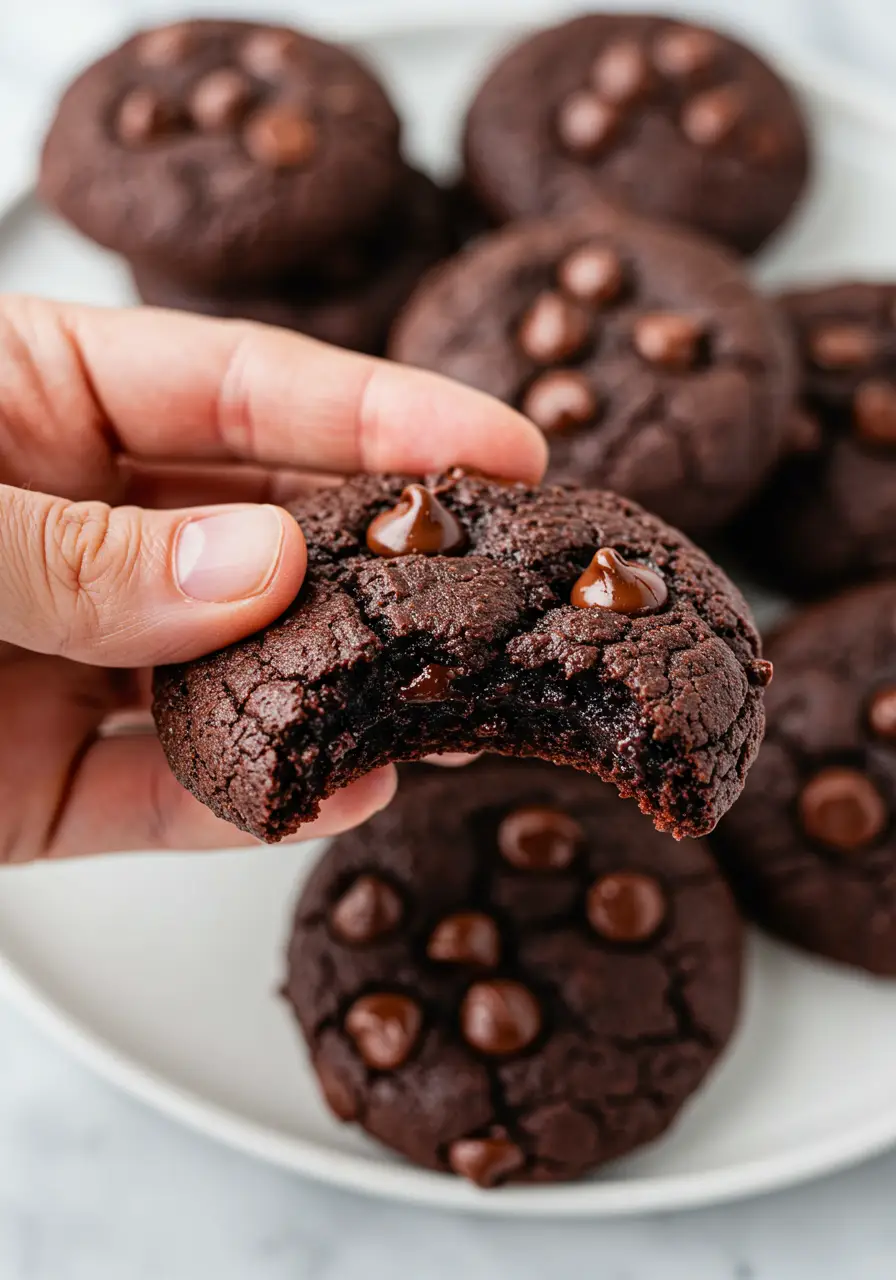 A hand holding a double chocolate chip cookie with a bite taken out of it.