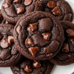 Double chocolate chip cookies placed on a white plate.