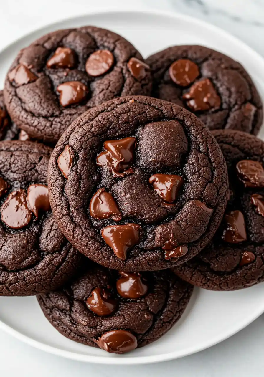 Double chocolate chip cookies placed on a white plate.