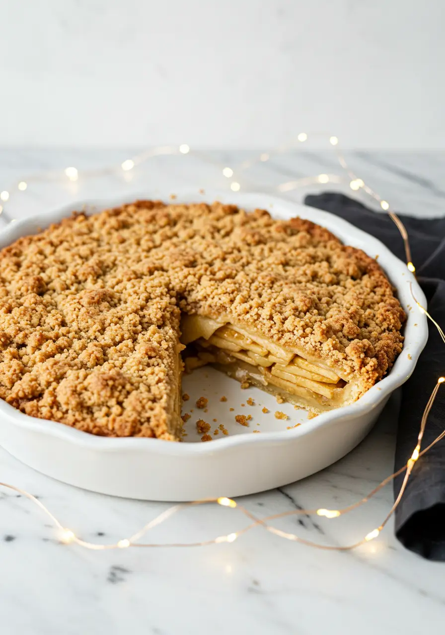 Dutch apple pie in a white pie dish with a slice missing.