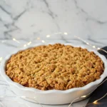 Dutch apple pie in a white pie dish against a marble surface.