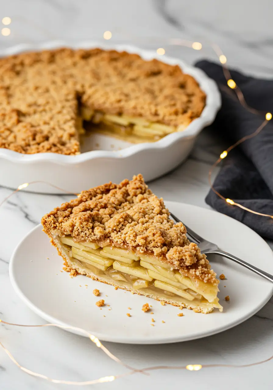 A slice of a dutch apple pie on a white plate.