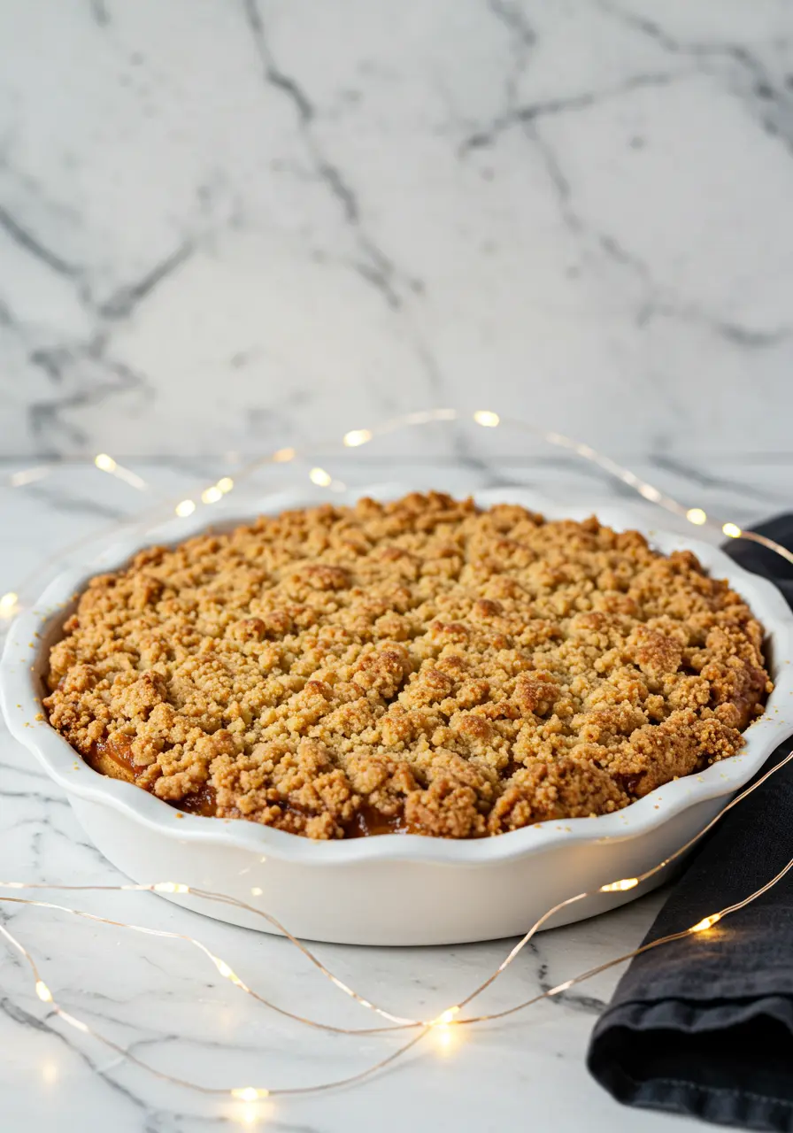 Dutch apple pie in a white pie dish against a marble surface.