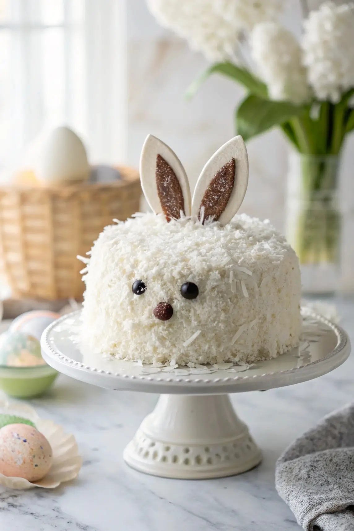 Easter Bunny Cake on white cake stand against white marble surface.