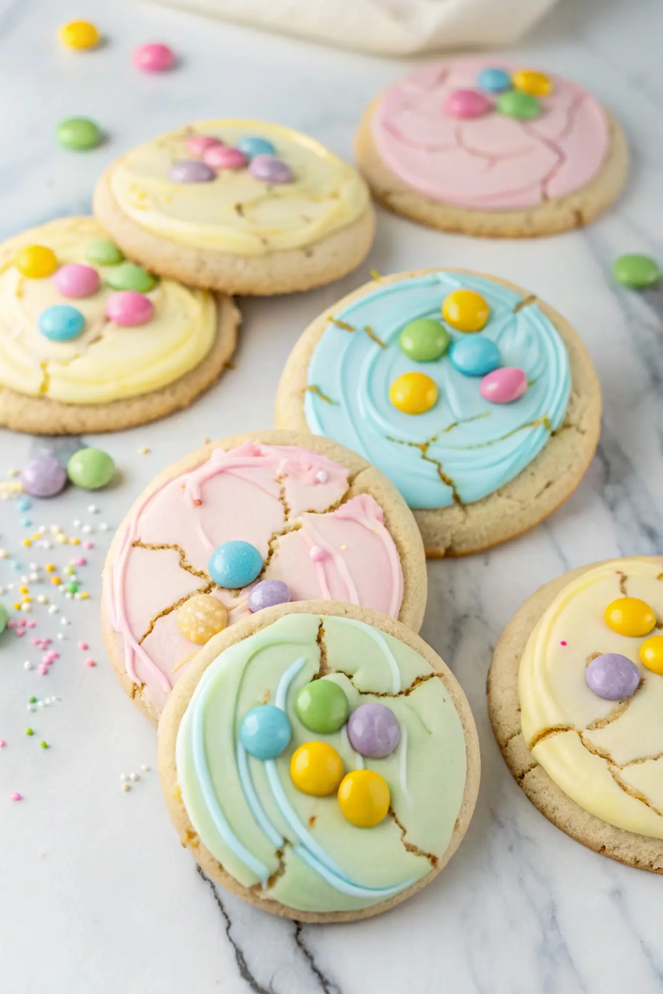 Easter Egg Surprise Sugar Cookies placed on a white marble surface