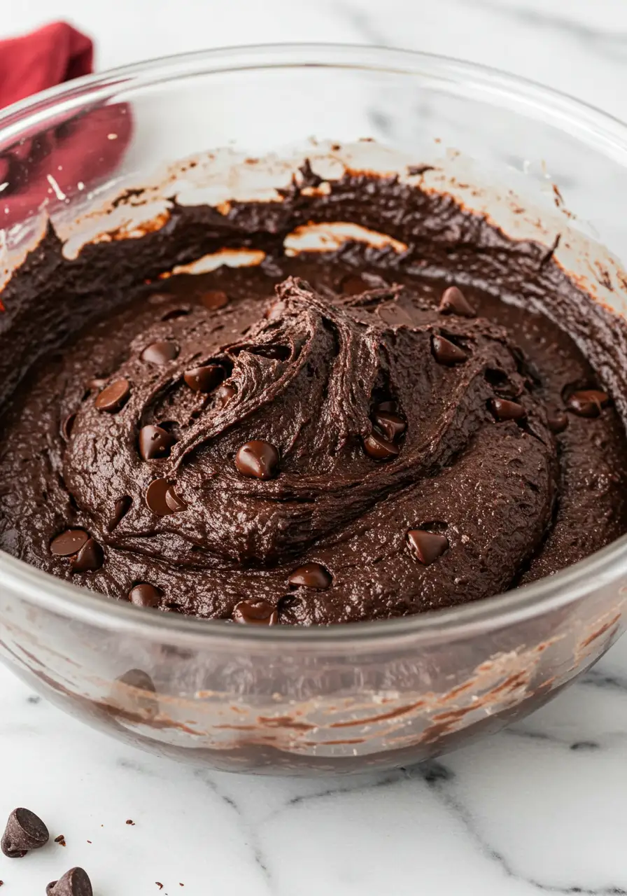 Eggless brownies batter in a glass bowl.